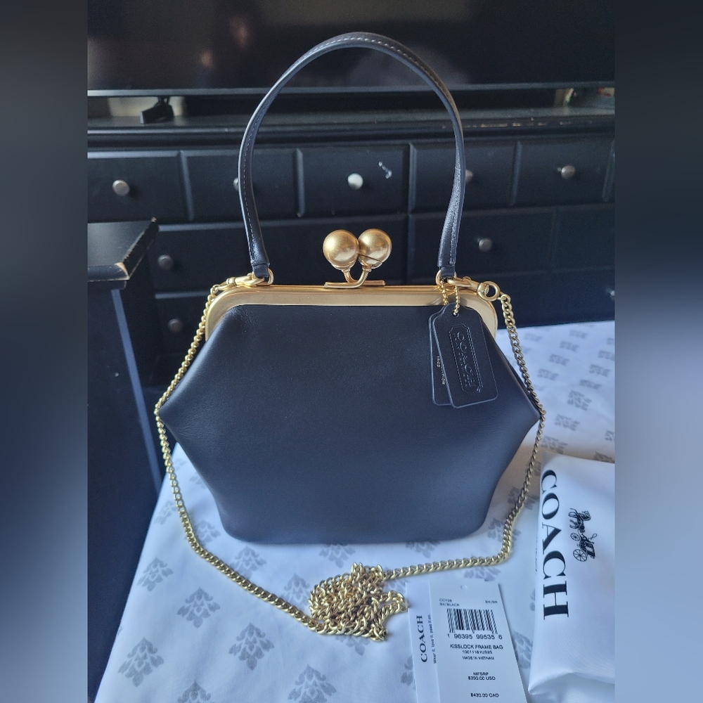 Coach Kisslock 16 Black Leather Top-Handle Bag with Gold Chain